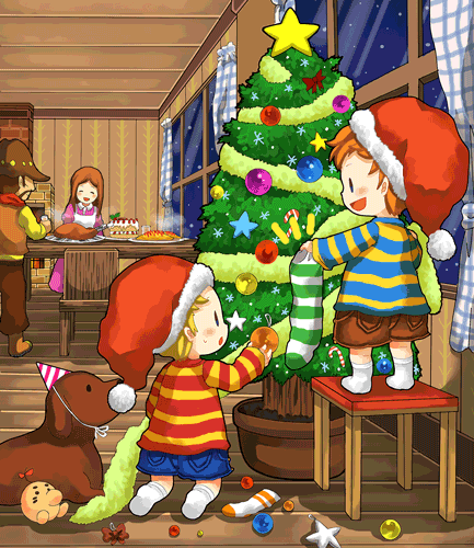 boney brown_hair cake christmas christmas_tree claus dog doseisan family flint food hat hinawa long_hair lowres lucas mother mother_(game) mother_3 pastry santa_hat smile