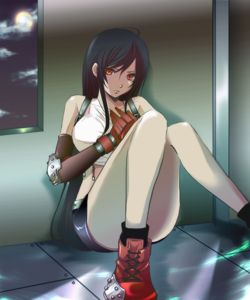 belt black_hair boots breasts censored convenient_censoring elbow_gloves final_fantasy final_fantasy_vii gloves large_breasts legs legs_up long_hair long_legs nanashino red_eyes red_gloves sitting skirt solo tank_top thighs tifa_lockhart
