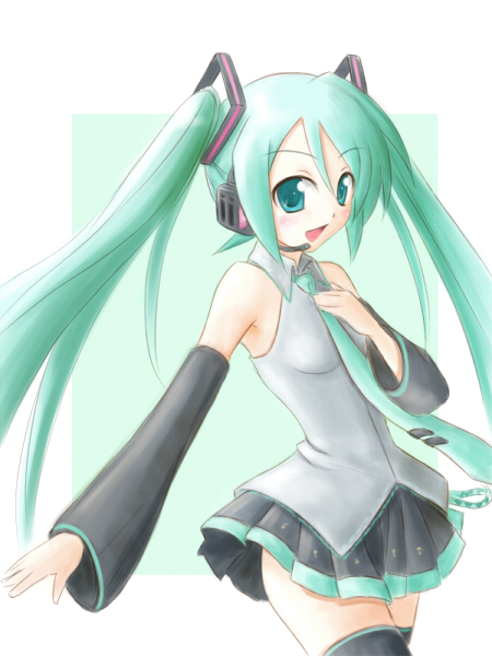 detached_sleeves green_eyes green_hair hatsune_miku headset long_hair necktie satogo skirt thigh-highs thighhighs twintails vocaloid