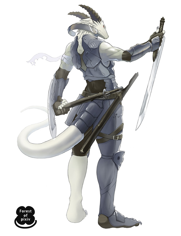 anthropomorphic_furry armor barefoot claws dragon fangs fantasy forest_of_pixiv horns male pale_skin pixiv profile red_eyes solo sword tail toes warrior weapon xeil