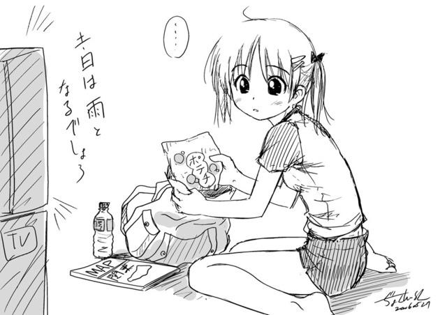 bottle child chips hair_ornament hairclip map monochrome potato_chips short_hair sketch television translated twintails