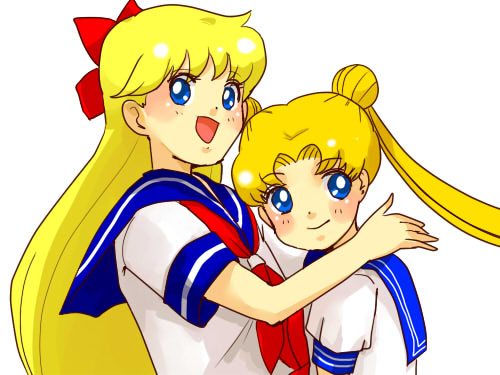 aino_minako azuma_yukihiko bishoujo_senshi_sailor_moon blonde_hair blue_eyes bow double_bun hair_bow long_hair lowres multiple_girls school_uniform serafuku tsukino_usagi twintails