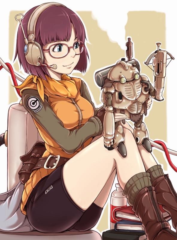 antenna backpack bag bike_shorts blue_eyes book boots bow_(weapon) cable chrono_trigger cord crossbow dragon_ball fanny_pack fingerless_gloves glasses gloves headphones headset ina_(gokihoihoi) ina_(pixiv6911) lucca_ashtear patch purple_hair robo robot scarf short_hair sitting smile socks spandex steam weapon