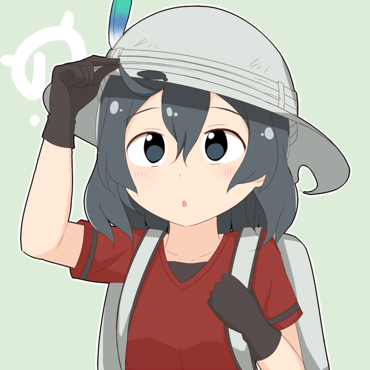 1girl backpack bag black_eyes black_gloves black_hair blush bucket_hat collarbone eyebrows_visible_through_hair feathers gloves hat kaban_(kemono_friends) kemono_friends looking_at_viewer meiji_(meizi493) parted_lips red_shirt shirt short_hair short_sleeves solo upper_body