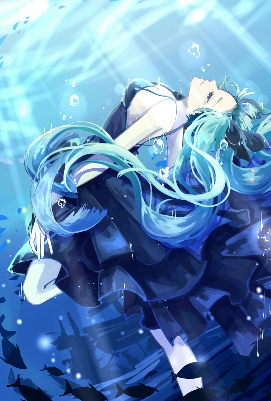 1girl alternate_costume aqua_eyes breasts bubble caustics cleavage dress fishnets guruguru hatsune_miku highres long_hair medium_breasts shinkai_shoujo_(vocaloid) solo twintails underwater vocaloid