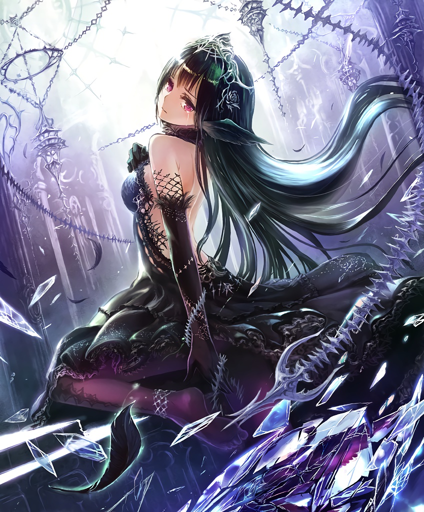 1girl anklet artist_request ballerina black_hair broken_glass chandelier cygames elbow_gloves feather_trim feathers frills fur_collar glass gloves hand_on_own_chest indoors jewelry long_hair looking_at_viewer looking_back odile_black_swan official_art pantyhose red_eyes sad shadowverse shingeki_no_bahamut tears tiara wing_ears