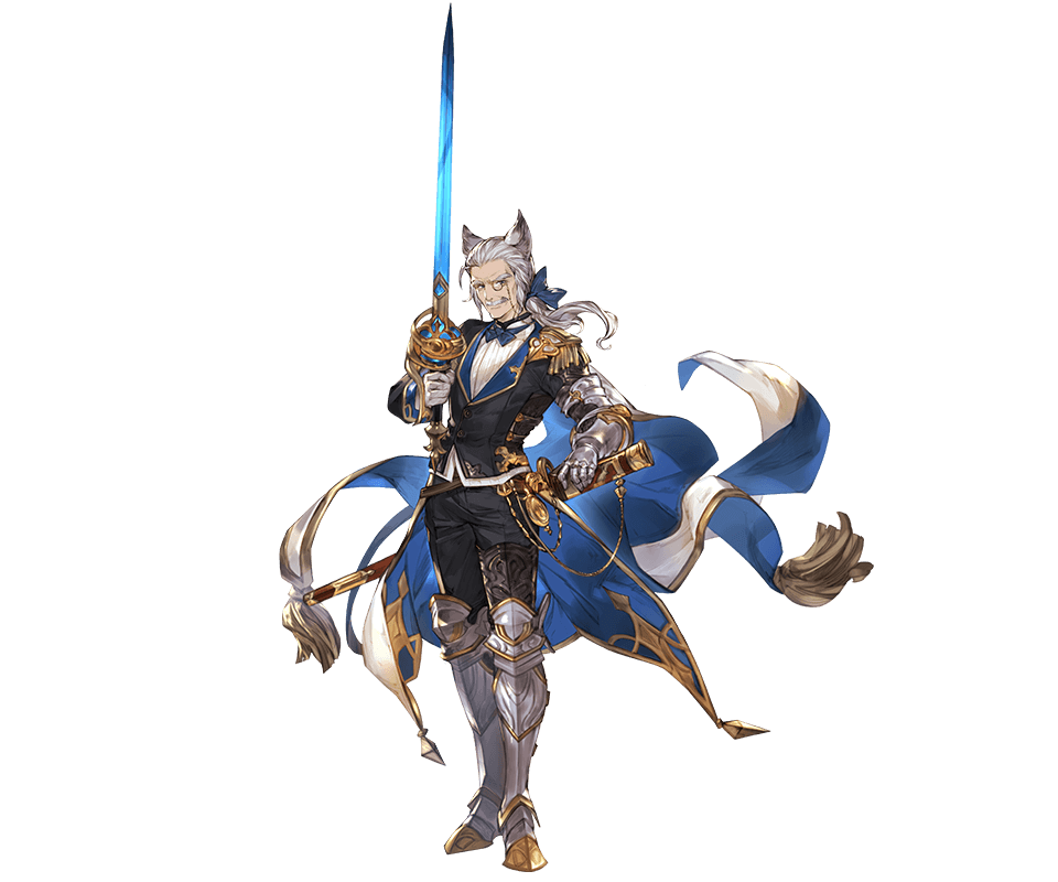 1boy animal_ears armor armored_boots boots bow bowtie erun_(granblue_fantasy) facial_hair full_body gloves granblue_fantasy grey_hair long_hair low_ponytail male_focus minaba_hideo monocle mustache official_art sevastian_(granblue_fantasy) sword transparent_background weapon