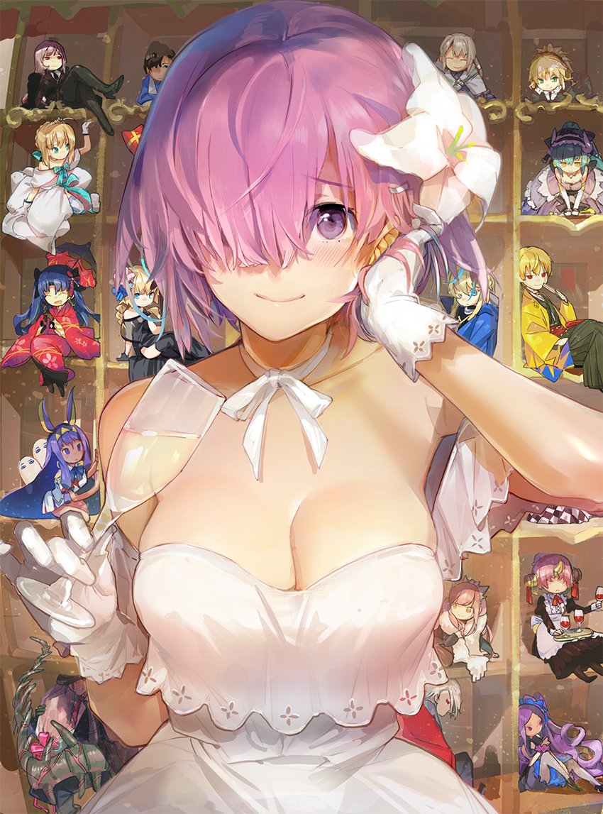 5boys 6+girls alcohol aqua_hair arjuna_(fate/grand_order) artoria_pendragon_(all) artoria_pendragon_(lancer) berserker_of_red black_hair blonde_hair boots breasts champagne character_request cleavage collarbone cu_chulainn_alter_(fate/grand_order) cup dark_skin dress drinking_glass fate/grand_order fate_(series) florence_nightingale_(fate/grand_order) flower formal gilgamesh gloves hair_flower hair_ornament hair_over_eyes hair_over_one_eye hand_in_hair high_heel_boots high_heels japanese_clothes jeanne_d'arc_(fate)_(all) kimono kiyohime_(fate/grand_order) lavender_hair long_hair looking_at_viewer lying maid mash_kyrielight medb_(fate/grand_order) mordred_(fate)_(all) multiple_boys multiple_girls nitocris_(fate/grand_order) on_stomach pink_hair red_eyes scarf short_hair silver_hair smile souji_hougu tohsaka_rin umbrella violet_eyes wavy_hair wine_glass wu_zetian_(fate/grand_order)