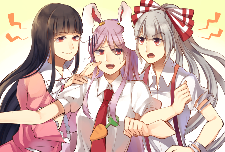 3girls animal_ears annoyed arm_grab bangs black_hair bow carrot cheek_pinching commentary_request fujiwara_no_mokou gradient gradient_background hair_bow hime_cut houraisan_kaguya kaede_(mmkeyy) lavender_hair long_hair long_sleeves looking_at_another multiple_girls necktie open_mouth pinching rabbit_ears red_eyes red_necktie reisen_udongein_inaba shirt short_sleeves silver_hair smile suspenders sweatdrop touhou very_long_hair white_shirt wide_sleeves yellow_background