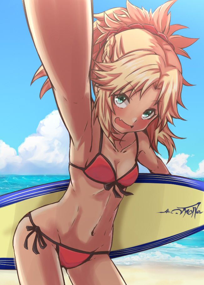 1girl beach bikini blonde_hair boro_bukuro fang fate/apocrypha fate/grand_order fate_(series) front-tie_top green_eyes looking_at_viewer mordred_(swimsuit_rider)_(fate) ponytail red_bikini saber_of_red self_shot side-tie_bikini surfboard swimsuit