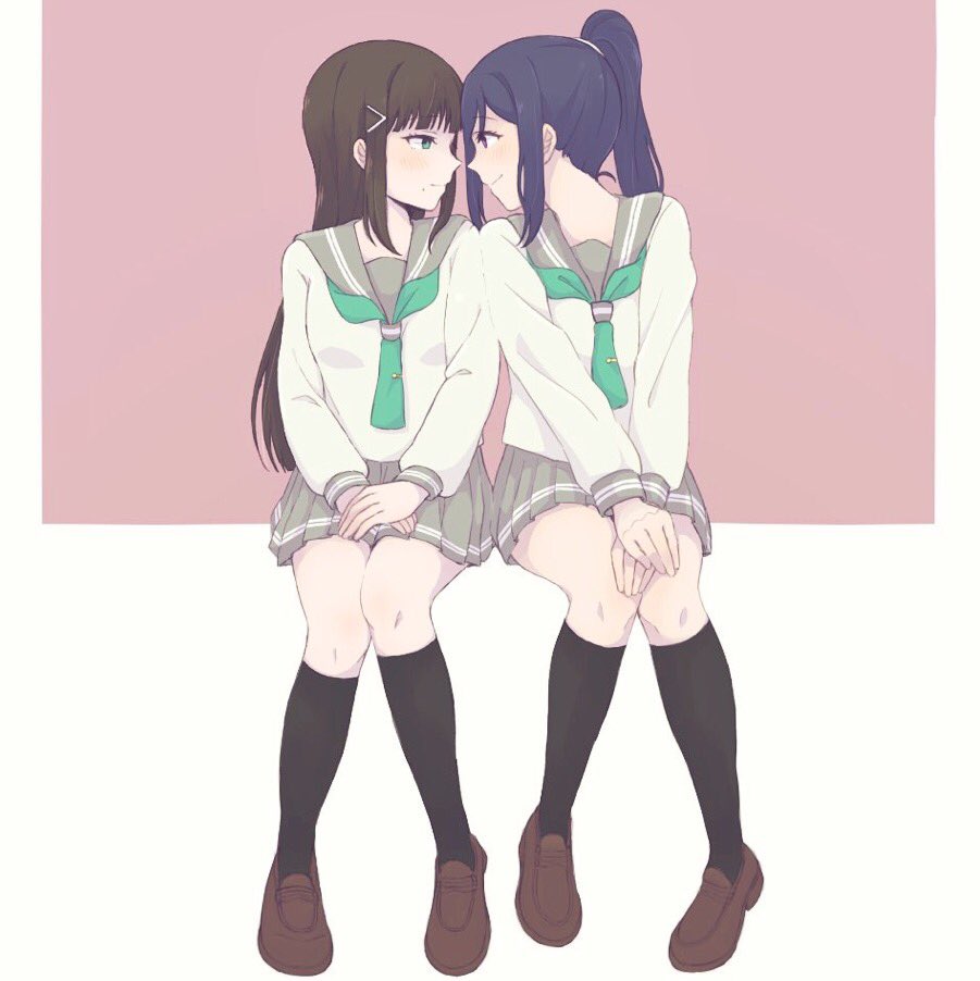 10s 2girls aqua_neckerchief bangs black_hair black_legwear brown_shoes eye_contact face-to-face green_eyes hair_ornament hairpin hands_on_lap hands_together invisible_chair kneehighs knees_together_feet_apart kurosawa_dia loafers long_hair long_sleeves looking_at_another love_live! love_live!_sunshine!! maroon_background matsuura_kanan miniskirt mole mole_under_mouth multicolored multicolored_background multiple_girls my_234_wht neckerchief pleated_skirt ponytail school_uniform serafuku shoes simple_background sitting skirt smile tie_clip uranohoshi_school_uniform violet_eyes white_background yuri