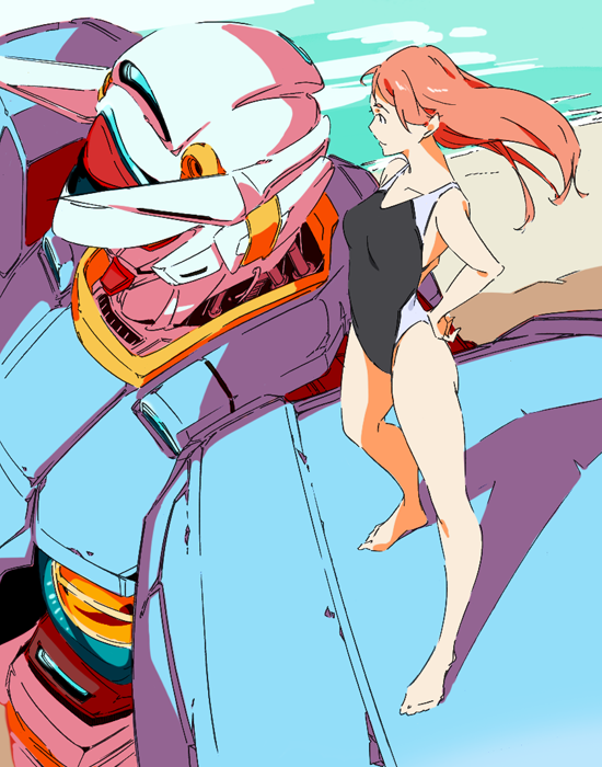 1girl aida_rayhunton bare_shoulders breasts g-self gundam gundam_g_no_reconguista hands_on_hips long_hair mecha redhead solo swimsuit thighs umanosuke