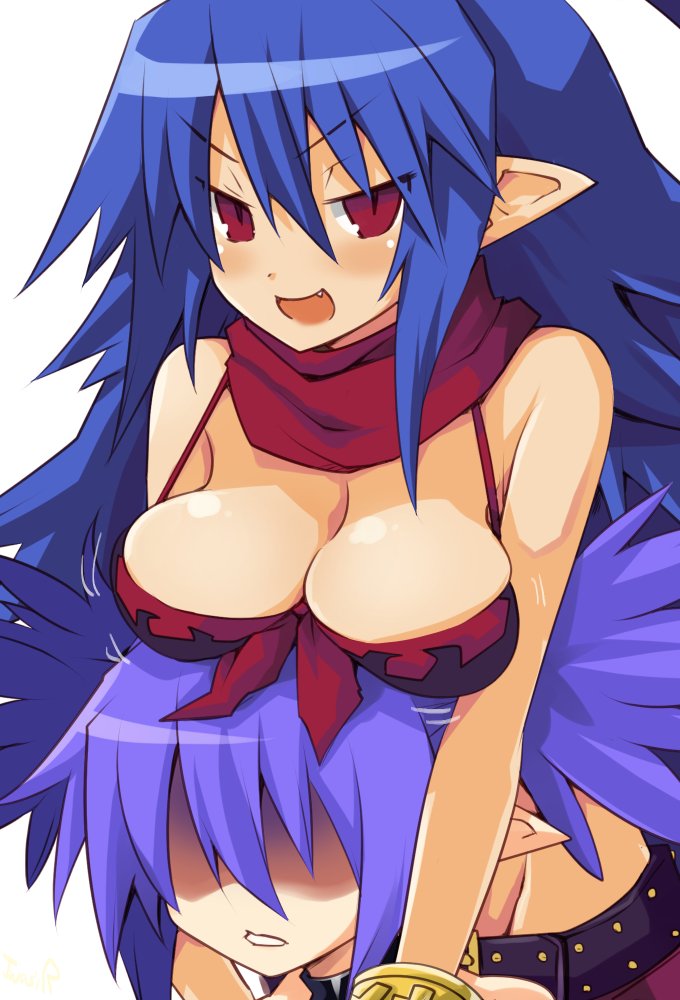 2girls :d belt bikini_top blue_hair breasts cleavage disgaea disgaea_d2 etna female genderswap genderswap_(mtf) iwasi-r laharl laharl-chan large_breasts long_hair looking_at_viewer multiple_girls open_mouth pointy_ears purple_hair red_eyes red_scarf scarf shaded_face slit_pupils smile twintails white_background