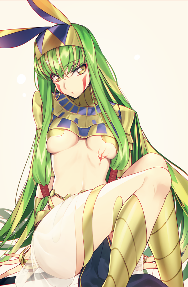 1girl bare_shoulders blush bracelet breasts breasts_apart c.c. closed_mouth code_geass commentary cosplay creayus earrings egyptian egyptian_clothes facial_mark fate/grand_order fate_(series) green_hair hairband hoop_earrings jewelry long_hair looking_at_viewer medium_breasts nitocris_(fate/grand_order) nitocris_(fate/grand_order)_(cosplay) scar sidelocks simple_background sitting solo under_boob very_long_hair yellow_eyes