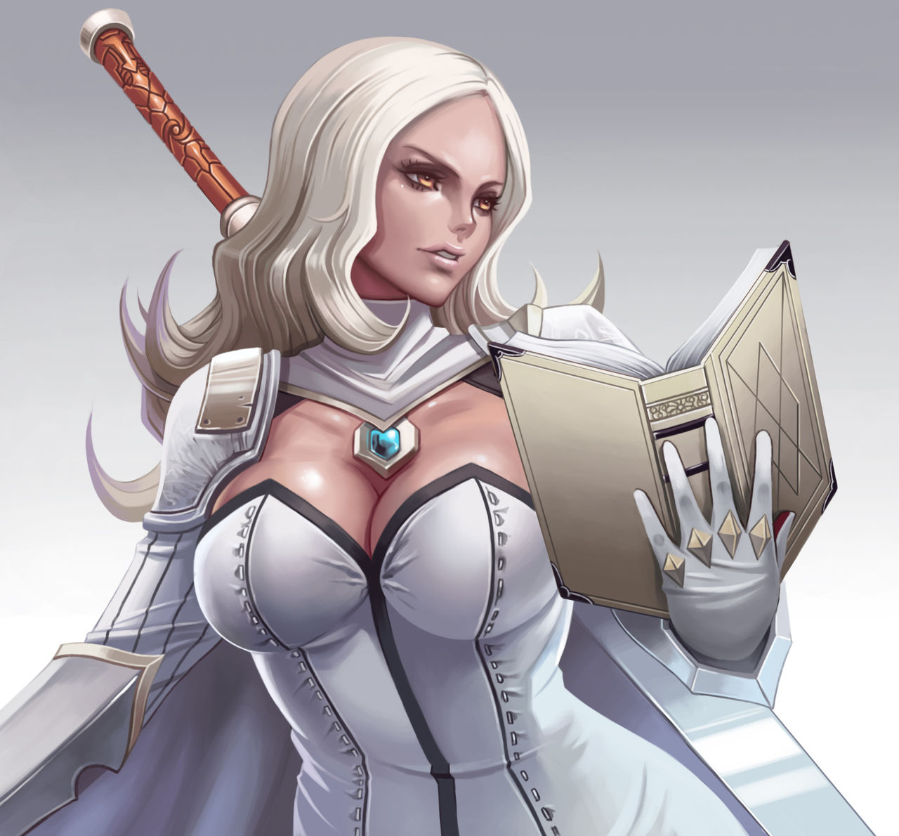 1girl armor book breasts cape cleavage dantewontdie gloves long_hair looking_away orange_eyes original shoulder_armor solo sword sword_behind_back weapon white_gloves white_hair