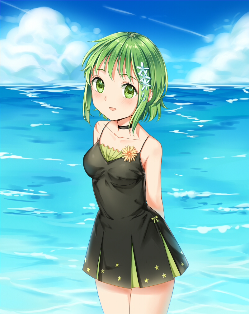 1girl arms_behind_back bangs bare_shoulders black_choker black_dress blue_sky breasts choker clouds cowboy_shot day dress flower green_eyes green_hair gumi hair_flower hair_ornament looking_at_viewer ocean open_mouth outdoors short_hair sidelocks sky sleeveless sleeveless_dress small_breasts smile solo standing star vocaloid zhi_(yammycheese)