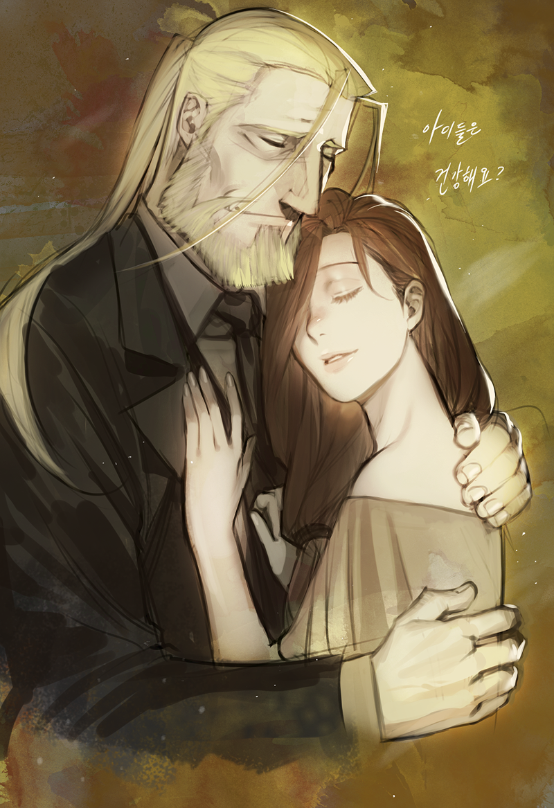 1boy 1girl abiso bare_shoulders blonde_hair brown_background brown_hair closed_eyes coat couple fullmetal_alchemist hand_on_another's_chest happy hug long_hair necktie pale_skin ponytail simple_background smile translation_request trisha_elric van_hohenheim