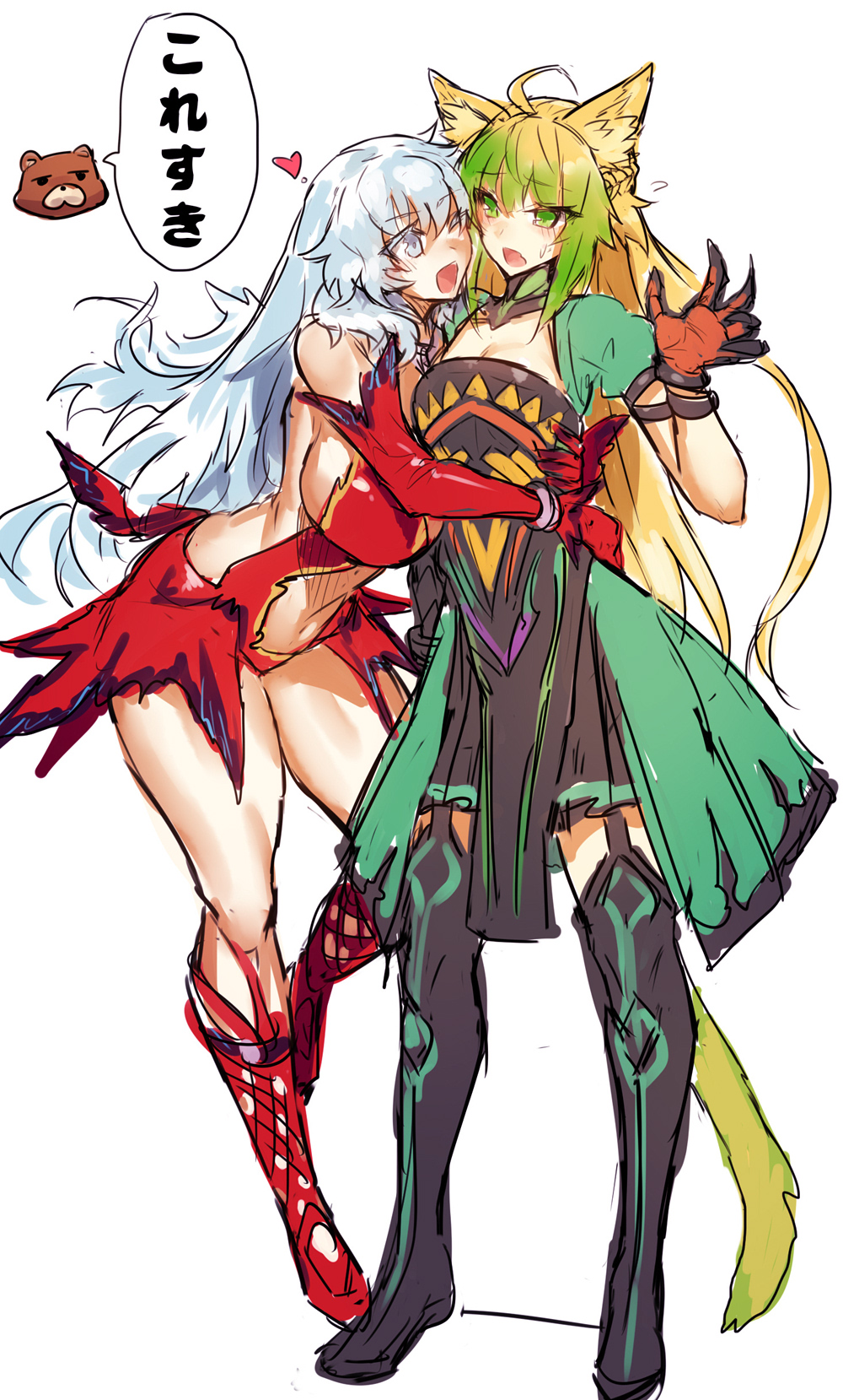 2girls ;d ahoge animal_ears archer_of_red artemis_(fate/grand_order) bangs bear black_gloves blonde_hair boots breasts cleavage couple dress elbow_gloves fate/grand_order fate_(series) female garter_straps gloves green_dress green_eyes green_hair heart highres hug knee_boots large_breasts long_hair looking_at_another melon22 multiple_girls navel one_eye_closed open_mouth orion_(fate/grand_order) puffy_short_sleeves puffy_sleeves red_gloves revealing_clothes short_sleeves silver_hair small_breasts smile speech_bubble stomach translated very_long_hair yuri