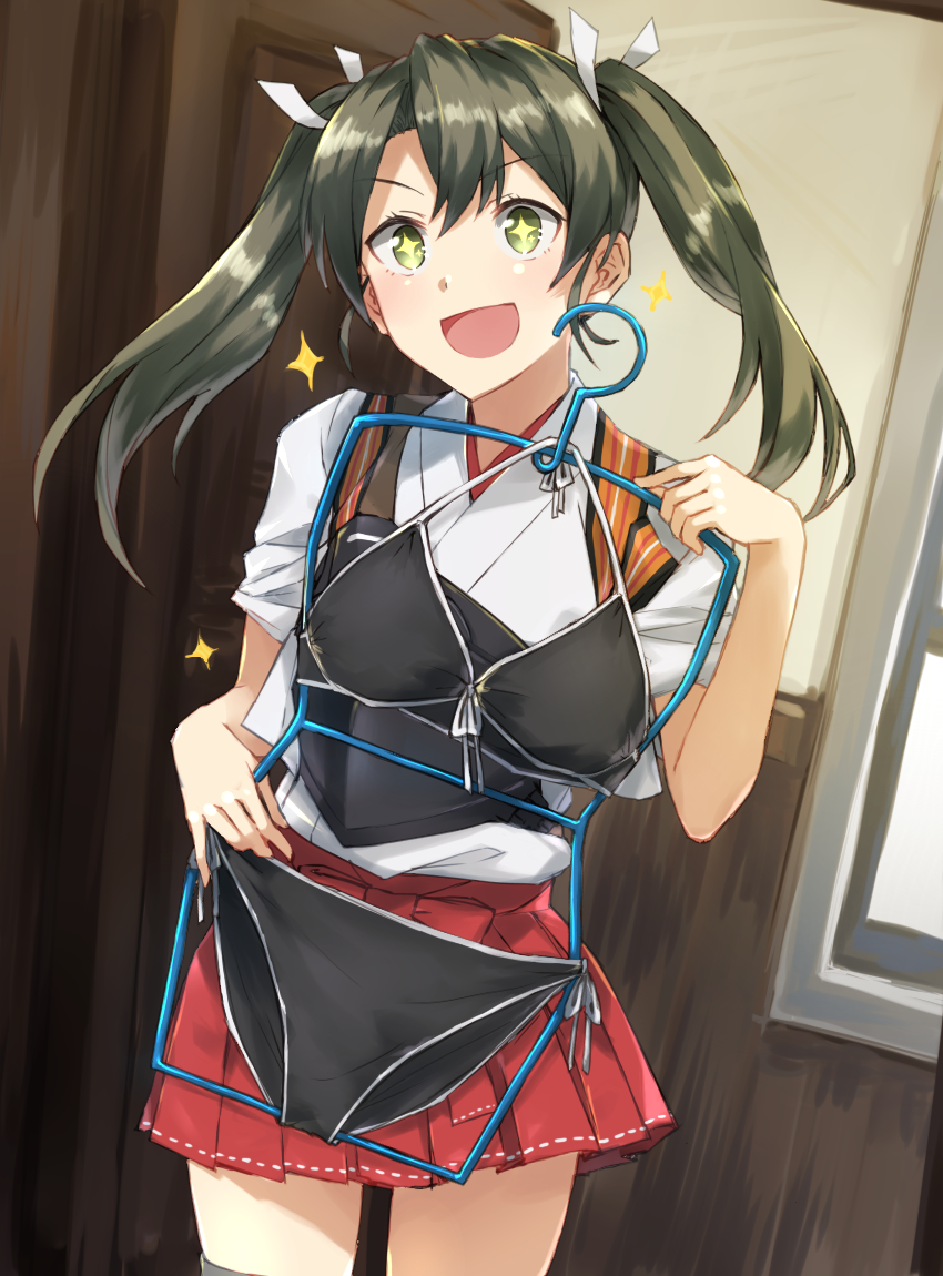 +_+ 1girl bikini black_bikini blush clothes_hanger clothes_in_front day green_eyes grey_hair hakama_skirt holding_clothes indoors kantai_collection long_hair looking_at_viewer muneate open_mouth red_skirt skirt solo somechime_(sometime1209) swimsuit thigh-highs twintails window zuikaku_(kantai_collection)