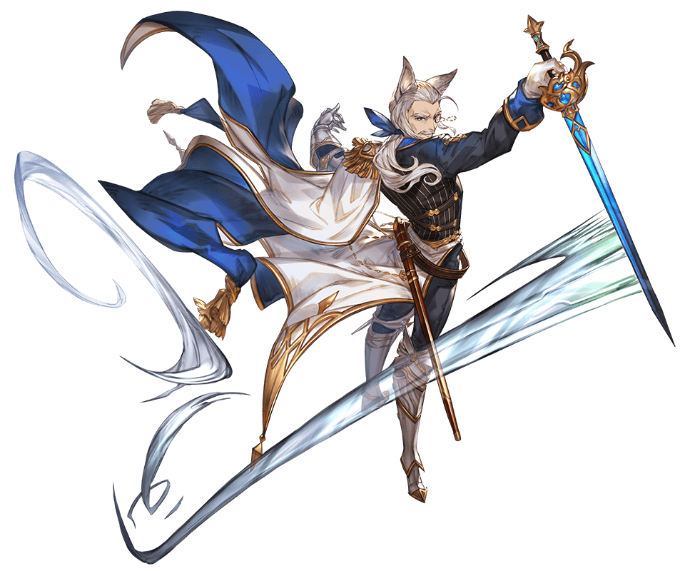 1boy animal_ears armor armored_boots back belt boots bow epaulettes erun_(granblue_fantasy) facial_hair full_body gloves granblue_fantasy grey_hair long_hair low_ponytail male_focus minaba_hideo monocle mustache official_art sevastian_(granblue_fantasy) sword transparent_background weapon