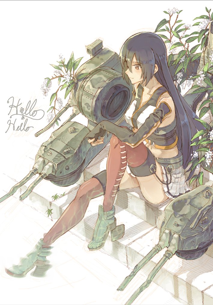 1girl arm_rest bangs black_hair blush breasts caustics commentary_request cosmic_(crownclowncosmic) crop_top damaged english flower from_side grey_shoes kantai_collection knee_up long_hair looking_afar midriff miniskirt nagato_(kantai_collection) no_headgear ripples shadow shiny shiny_hair shirt shoes sidelocks simple_background sitting skirt sleeveless sleeveless_shirt smile soaking_feet solo stairs thighs turret very_long_hair water white_background white_skirt