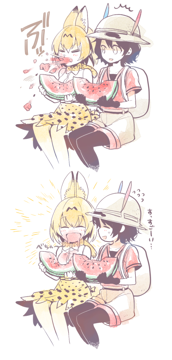 2girls animal_ears backpack bag bow bowtie bucket_hat eating elbow_gloves food fruit fur_collar gloves hat hat_feather high-waist_skirt highres holding holding_fruit kaban_(kemono_friends) kashi-k kemono_friends multiple_girls pantyhose red_shirt serval_(kemono_friends) serval_ears serval_print serval_tail shirt simple_background sitting skirt sleeveless sleeveless_shirt smile striped_tail tail thigh-highs translation_request watermelon white_background