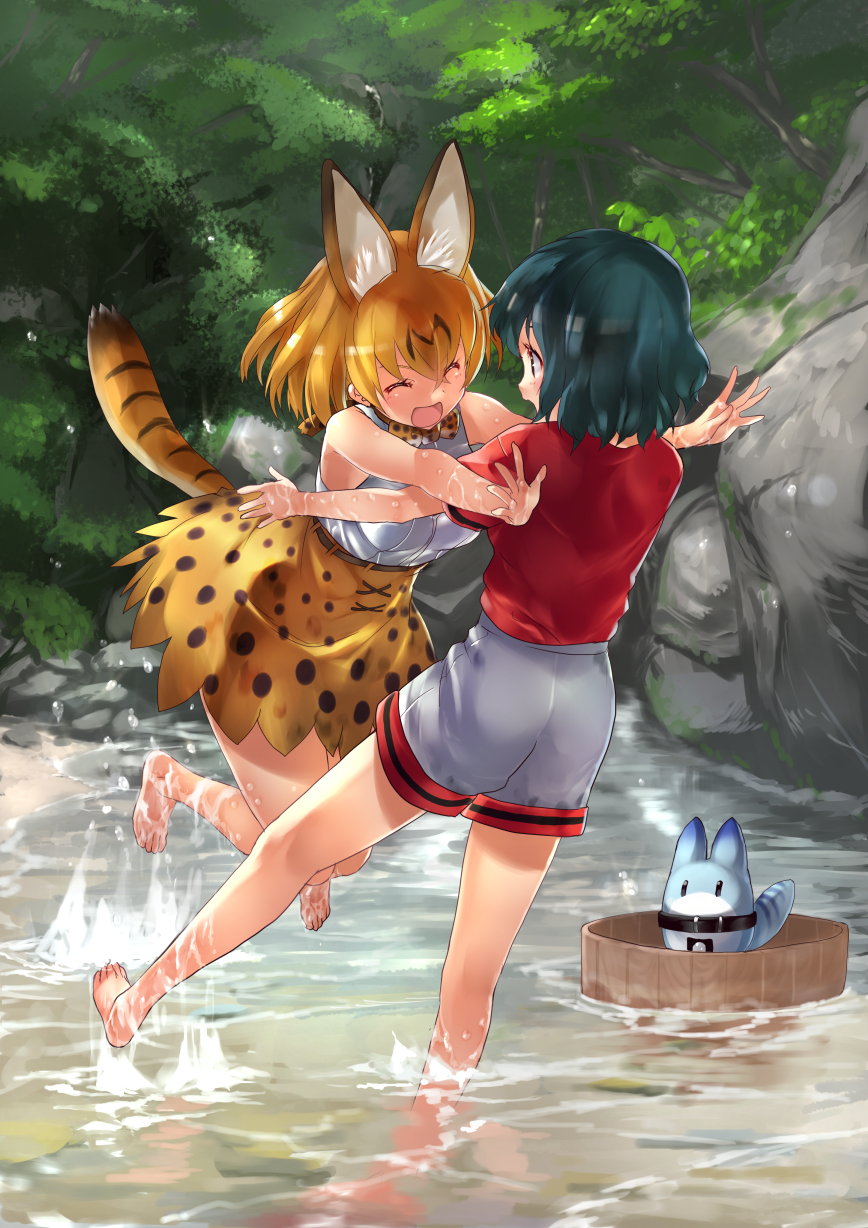 3girls animal_ears barefoot black_hair blush closed_eyes facing_another highres kaban_(kemono_friends) kemono_friends looking_at_another lucky_beast_(kemono_friends) multiple_girls open_mouth orange_hair red_shirt serval_(kemono_friends) serval_ears serval_tail shirt short_hair short_sleeves smile tadano_magu tail