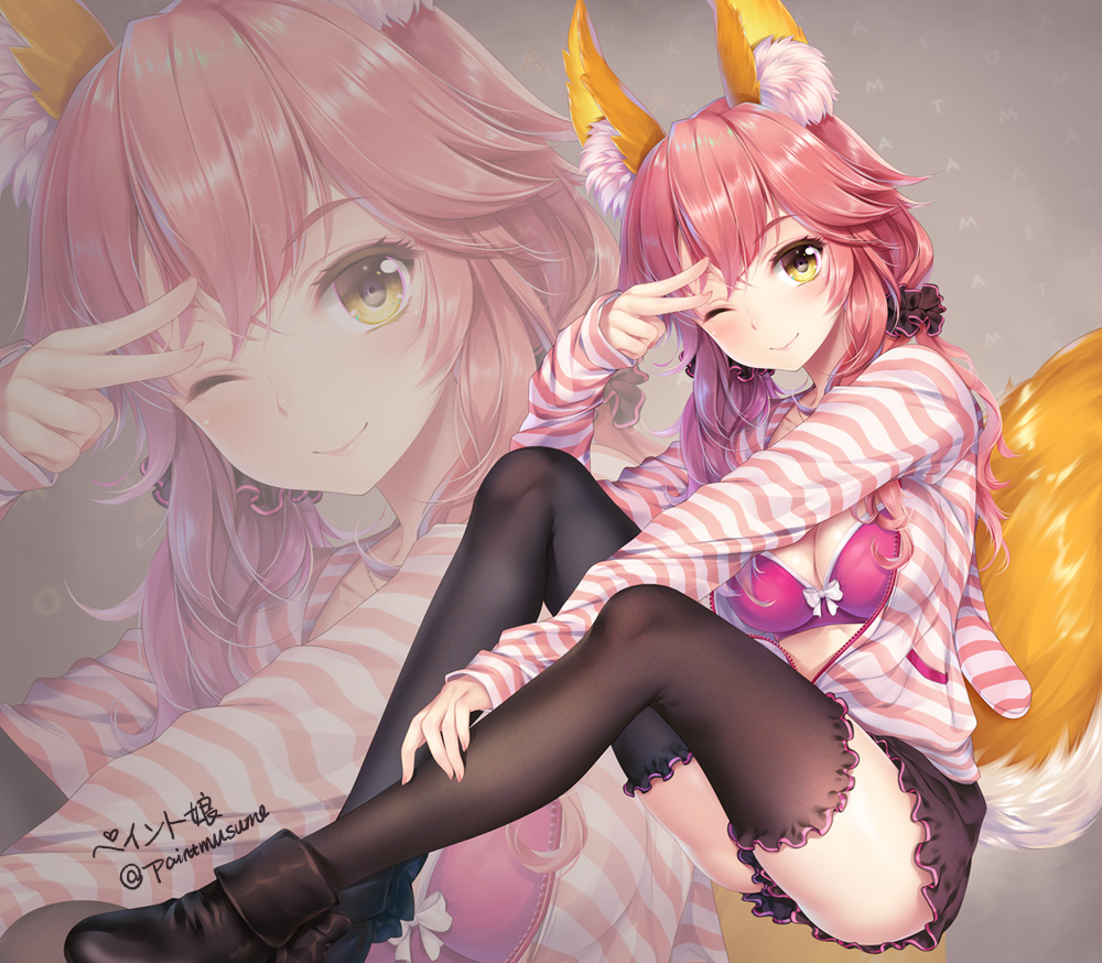 1girl ;) animal_ears artist_name ass bangs black_legwear boots bra breasts cleavage fate/extra fate_(series) fox_ears fox_tail hair_ornament hair_scrunchie knees_up long_hair long_sleeves looking_at_viewer low_twintails medium_breasts one_eye_closed open_clothes open_shirt partially_unzipped pink_hair scrunchie shirt sitting skirt smile solo striped striped_shirt tail tamamo_(fate)_(all) tamamo_no_mae_(fate) thigh-highs twintails twitter_username underwear v v_over_eye yellow_eyes youqiniang zipper zoom_layer
