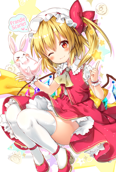 &gt;_&lt; 1girl :3 ;) anklet ascot blonde_hair blush bow character_name commentary_request crystal doughnut eyebrows_visible_through_hair flandre_scarlet food hat hat_bow hat_ribbon head_tilt heart index_finger_raised jewelry layered_skirt looking_at_viewer mob_cap one_eye_closed one_side_up puffy_short_sleeves puffy_sleeves rabbit red_bow red_eyes red_ribbon red_shoes red_skirt red_vest ribbon riichu shirt shoes short_sleeves skirt skirt_set smile solo star thigh-highs touhou vest white_hat white_legwear white_shirt wings wrist_cuffs yellow_bow yellow_ribbon