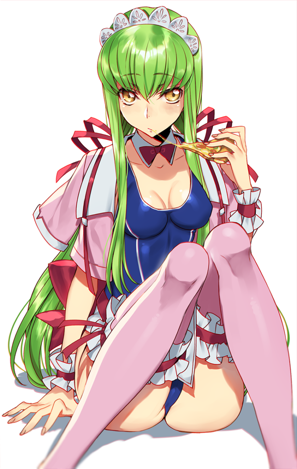 1girl ass blue_swimsuit blush bow bowtie breasts c.c. cheese_trail closed_mouth code_geass collarbone commentary creayus detached_collar eating eyebrows_visible_through_hair food holding_pizza long_hair looking_at_viewer maid_headdress medium_breasts one-piece_swimsuit pink_legwear pizza ribbon shiny shiny_clothes shiny_hair shirt_on_shoulders simple_background sitting slice_of_pizza swimsuit thigh-highs very_long_hair white_background yellow_eyes