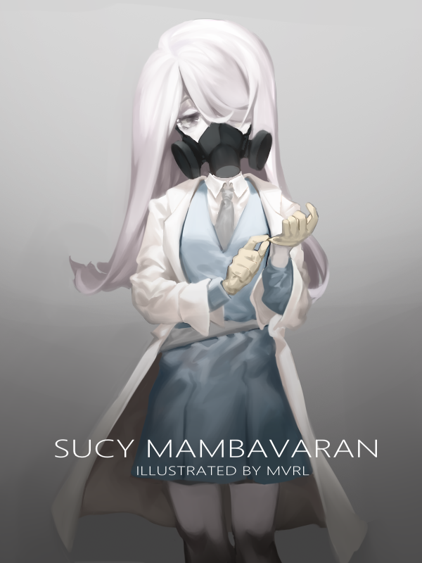 1girl gas_mask hair_over_one_eye labcoat little_witch_academia long_hair looking_at_viewer mask mvrl pink_hair purple_hair red_eyes simple_background solo sucy_manbavaran witch