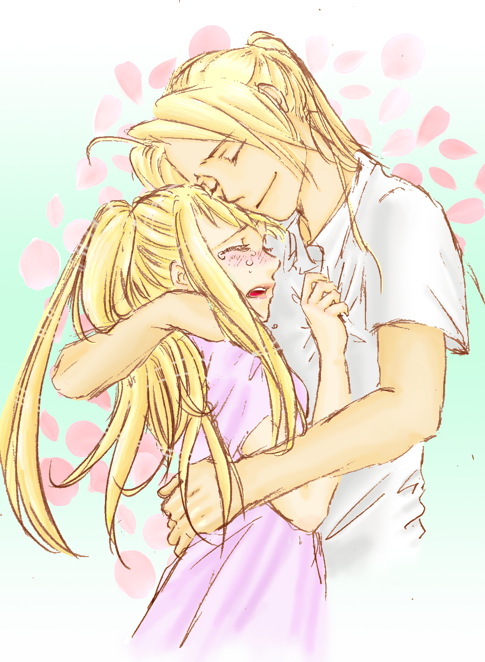 1boy 1girl blonde_hair blue_background blush closed_eyes couple crying edward_elric eyebrows_visible_through_hair floral_background flower fullmetal_alchemist highres hug open_mouth petals pink_shirt ponytail shirt simple_background smile tears white_background white_shirt winry_rockbell