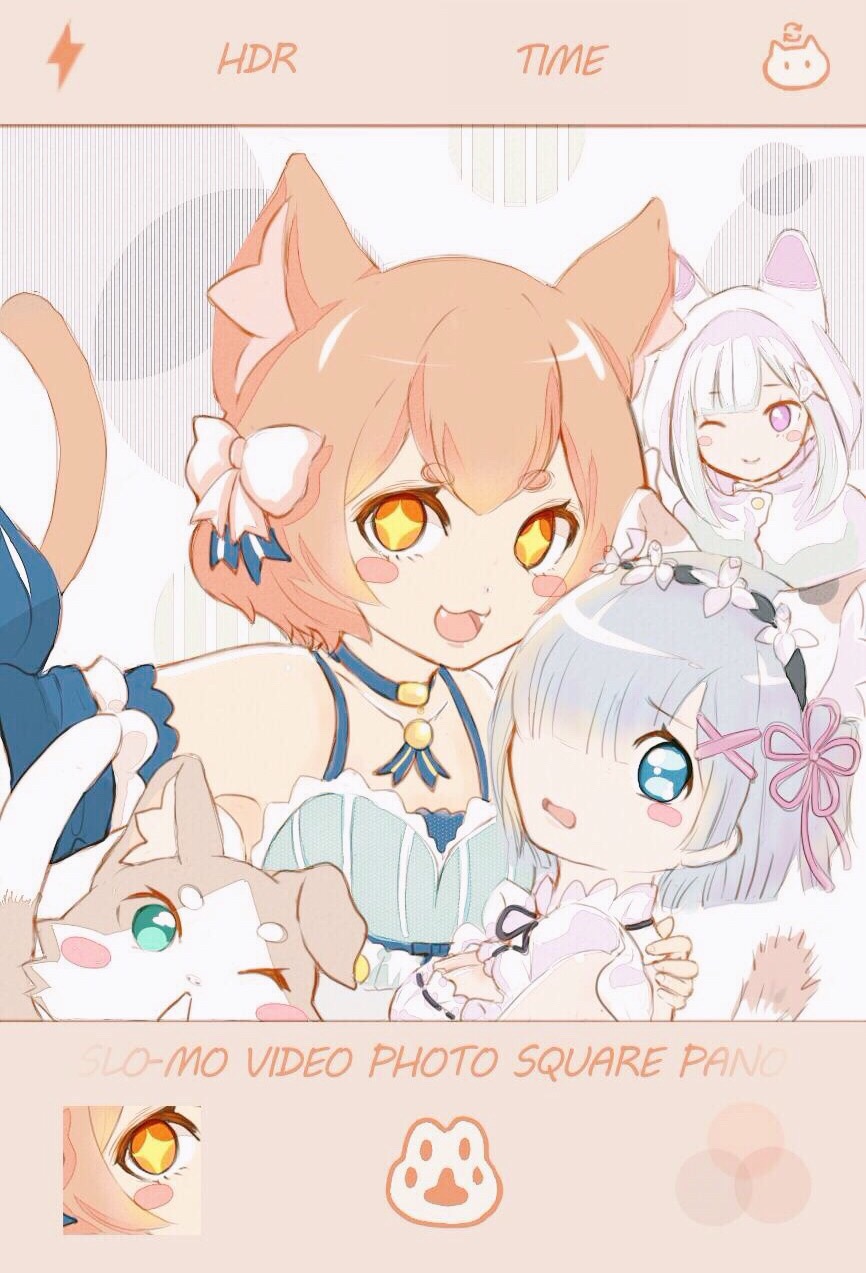 +_+ 1boy 2girls :3 :d animal_ears animal_hood arm_ribbon arm_up armpits bangs bare_shoulders blue_choker blue_dress blue_eyes blue_ribbon blunt_bangs blush_stickers bob_cut bolo_tie bow breasts brown_hair buttons cat_ears cat_tail cellphone cellphone_camera cellphone_picture choker cleavage cloak closed_mouth collarbone commentary creature detached_collar detached_sleeves dot_nose dress embarrassed emilia_(re:zero) eyebrows_visible_through_hair eyelashes eyes_visible_through_hair fake_screenshot fangs felix_argyle frilled_dress frilled_sleeves frills front-tie_top furrowed_eyebrows hair_between_eyes hair_bow hair_ornament hair_over_one_eye hair_ribbon hand_on_another's_back headdress high_collar highres hood hood_up hooded_cloak iphone jewelry lavender_eyes light_blue_hair lips long_hair looking_at_viewer looking_to_the_side maid medium_breasts multiple_girls one_eye_closed one_eye_covered open_mouth orange_eyes pale_color parted_bangs pendant phone puck_(re:zero) re:zero_kara_hajimeru_isekai_seikatsu rem_(re:zero) ribbon ribbon-trimmed_dress self_shot short_eyebrows short_hair simple_background smartphone smile spaghetti_strap striped striped_ribbon tail thick_eyebrows trap upper_body vertical-striped_dress vertical_stripes white_bow white_dress white_hair x_hair_ornament