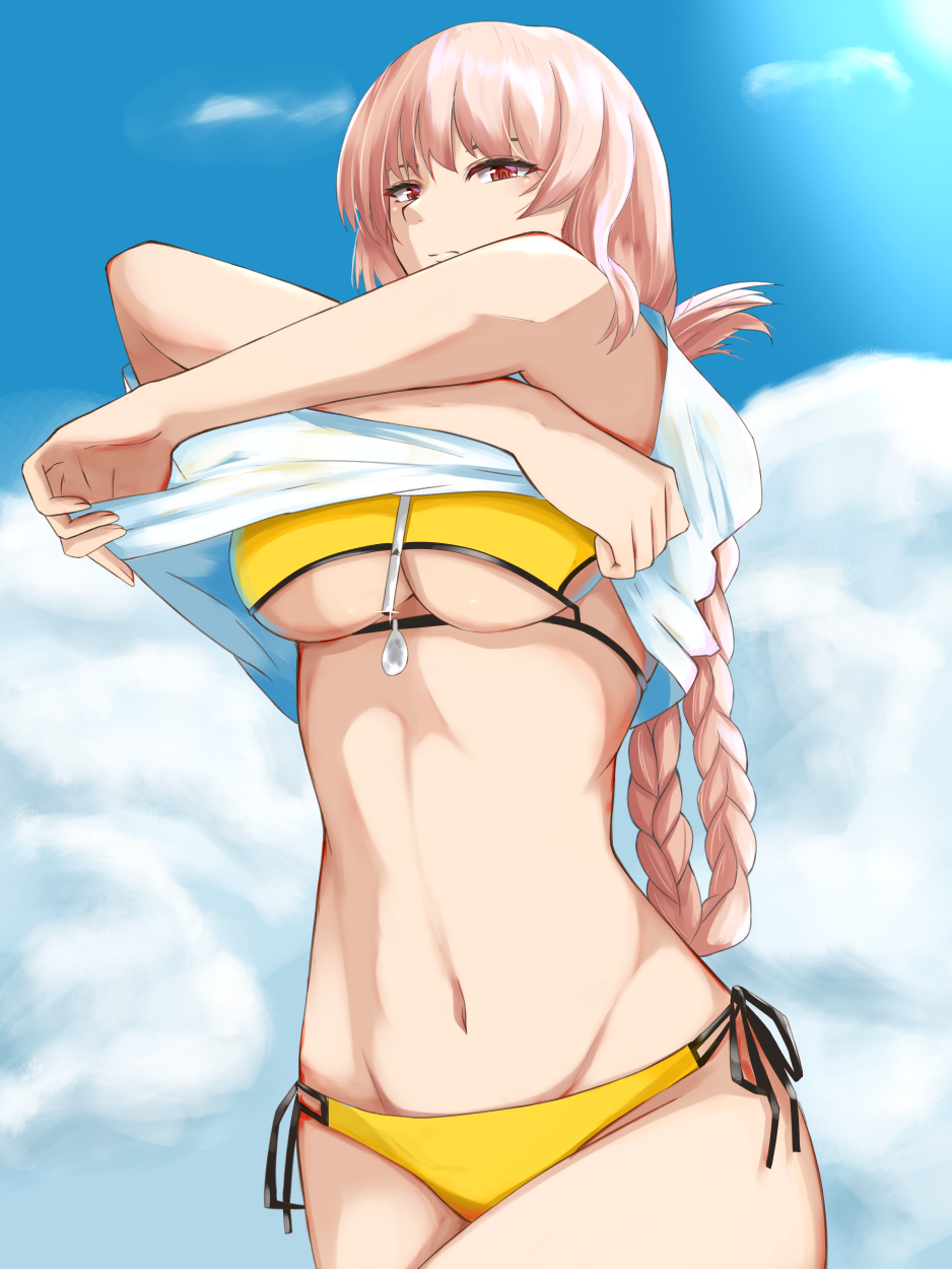 1girl breasts cleavage closed_mouth crossed_arms fate/grand_order fate_(series) florence_nightingale_(fate/grand_order) highres large_breasts long_hair looking_at_viewer navel pink_hair red_eyes shirt_lift solo swimsuit under_boob yami_kyon_oov