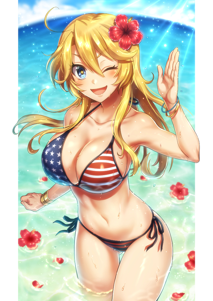 1girl ;d ahoge american_flag_bikini bikini blonde_hair blue_eyes bracelet breasts cleavage collarbone cowboy_shot day fisheye flag_print flower gluteal_fold hair_flower hair_ornament hand_up hibiscus iowa_(kantai_collection) jewelry kantai_collection large_breasts light_rays long_hair looking_at_viewer mk navel one_eye_closed open_mouth partially_submerged red_flower side-tie_bikini sky smile solo star star-shaped_pupils swimsuit symbol-shaped_pupils wading water
