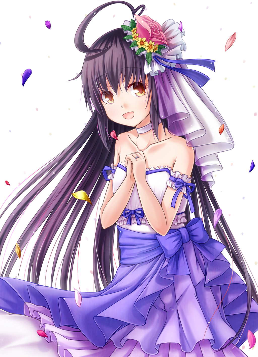 1girl :d ahoge alternate_costume ayatsuri-doll black_hair bridal_veil choker collarbone dress flower hair_flower hair_ornament hands_clasped highres jewelry kantai_collection long_hair looking_at_viewer mikazuki_(kantai_collection) off-shoulder_dress off_shoulder open_mouth orange_eyes petals ring rose simple_background smile solo veil wedding_band wedding_dress white_background