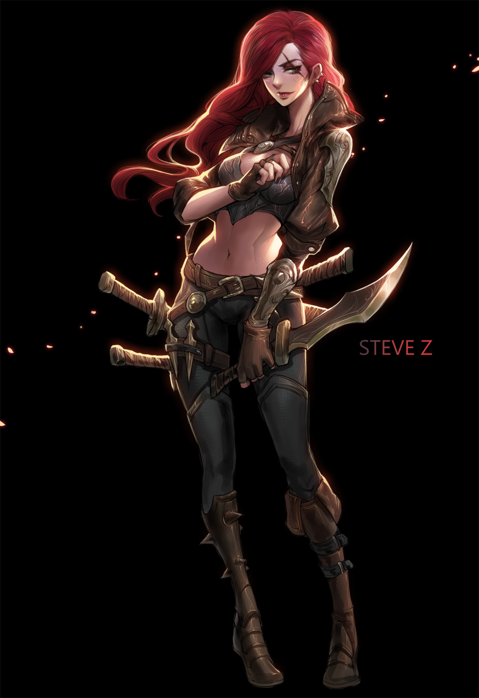 1girl artist_name belt black_background black_pants boots breasts brown_boots brown_gloves brown_nails closed_mouth fingerless_gloves full_body gloves green_eyes hair_over_one_eye highres holding holding_sword holding_weapon katarina_du_couteau knee_boots league_of_legends long_hair looking_at_viewer medium_breasts nail_polish navel pants redhead scar scar_across_eye solo steve_zheng sword weapon