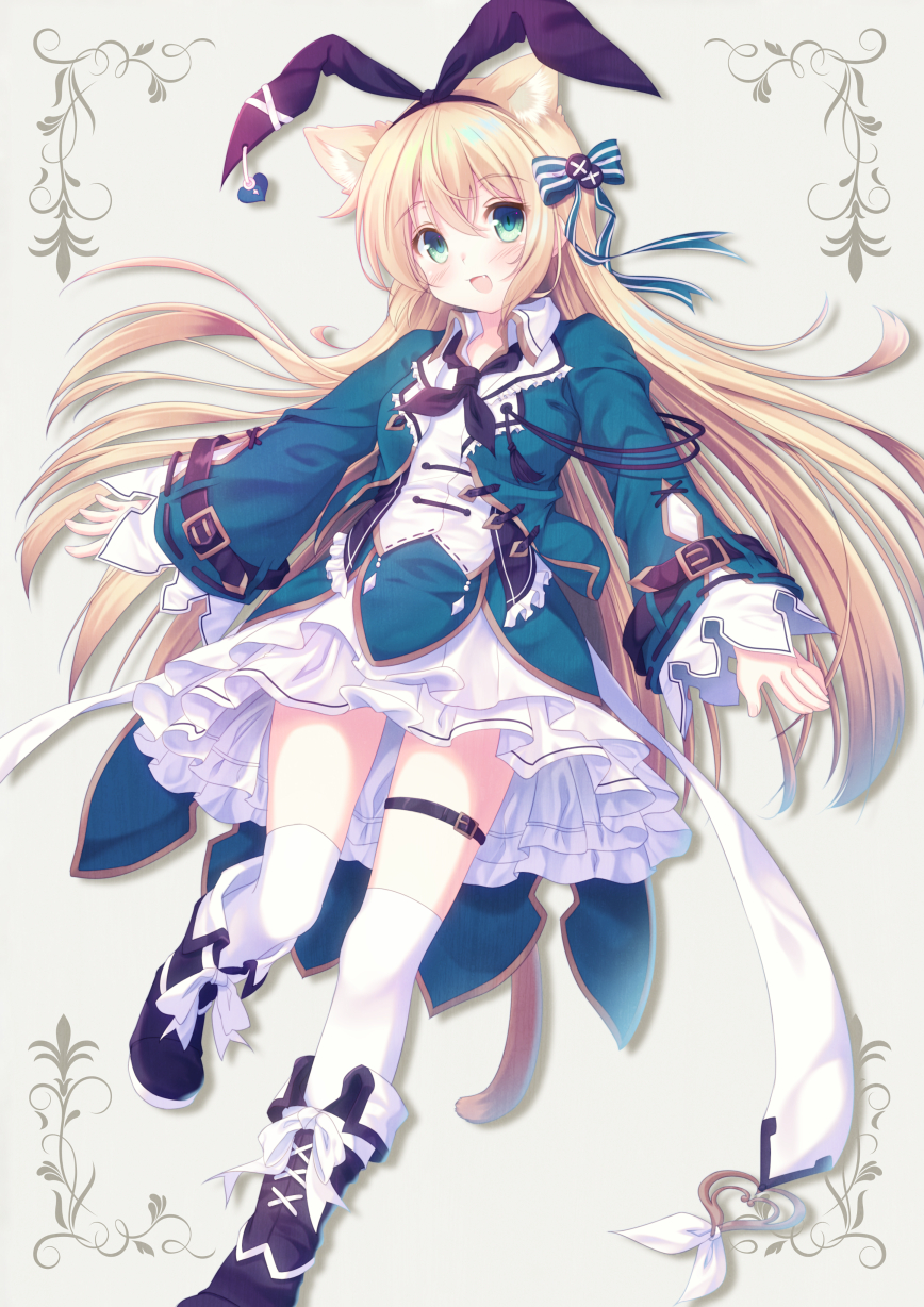 1girl :d alice_(wonderland) alice_in_wonderland animal_ears aqua_eyes bangs belt_buckle blonde_hair blush boots bow buckle cat_ears cat_tail commentary_request cross-laced_footwear eyebrows_visible_through_hair fang frilled_skirt frills grey_background hair_bow hairband highres jacket kemonomimi_mode kerchief kneehighs long_hair long_sleeves looking_at_viewer misaki_yuu one_leg_raised open_mouth outstretched_arms skirt slit_pupils smile solo standing standing_on_one_leg tail thigh_strap white_legwear wing_collar