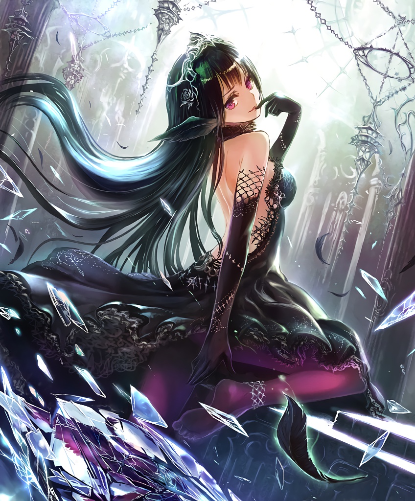 1girl anklet artist_request ballerina black_hair broken_glass cygames elbow_gloves feather_trim feathers finger_to_mouth frills fur_collar glass gloves indoors jewelry long_hair looking_at_viewer looking_back odile_black_swan official_art pantyhose red_eyes shadowverse shingeki_no_bahamut smirk tiara wing_ears