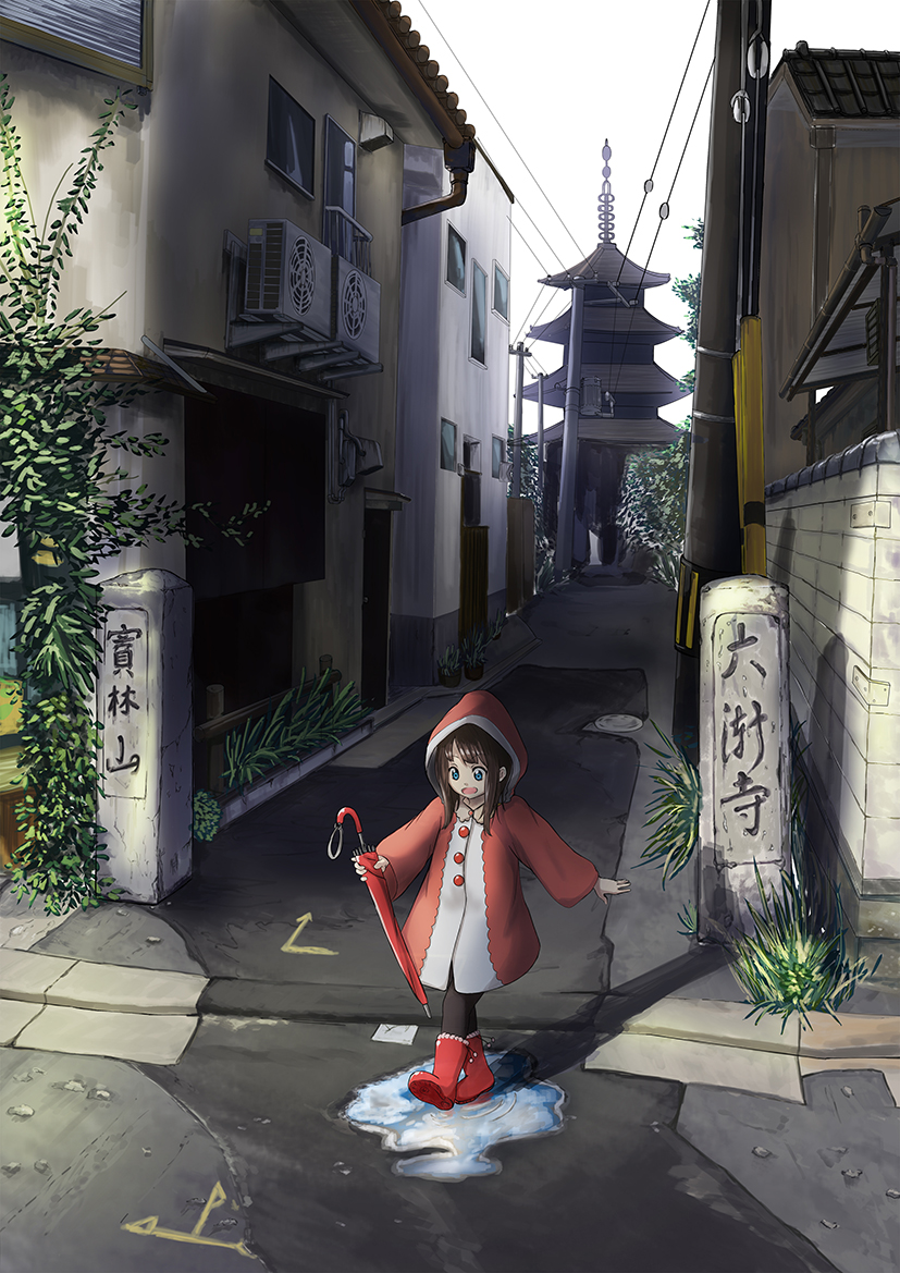 1girl black_hair blue_eyes blush boots eyebrows_visible_through_hair holding holding_umbrella looking_away open_mouth original puddle radiator red_boots scenery smile solo umbrella yuzuaji