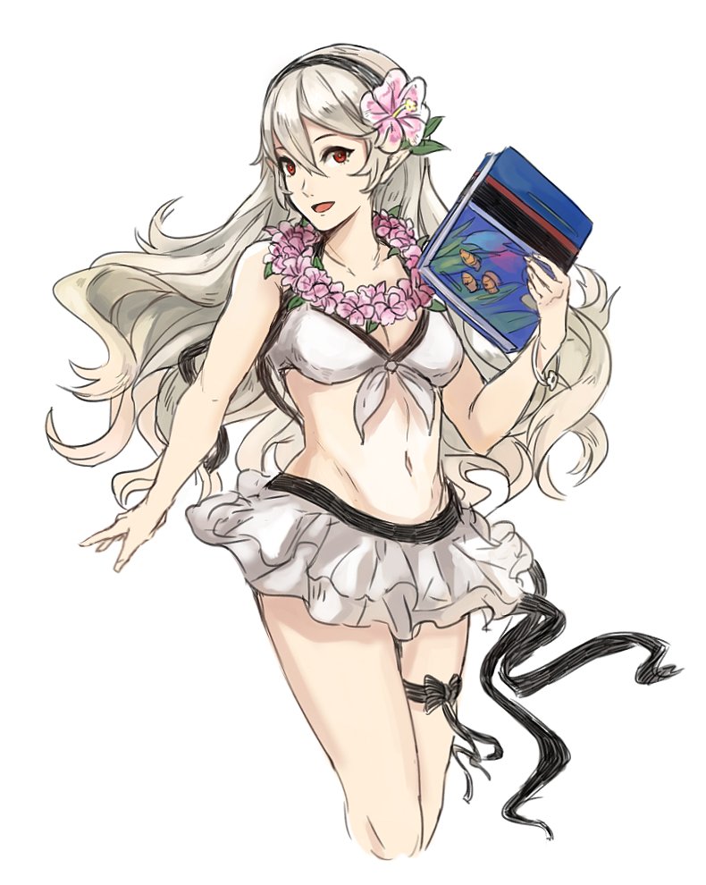 1girl bikini blush breasts collarbone female_my_unit_(fire_emblem_if) fire_emblem fire_emblem_heroes fire_emblem_if hairband kamu_(kamuuei) long_hair looking_at_viewer my_unit_(fire_emblem_if) navel pointy_ears red_eyes silver_hair smile solo swimsuit white_bikini white_hair