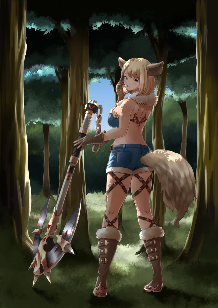 1girl animal_ears back bare_shoulders blonde_hair blue_eyes blush boots breasts brown_boots closed_mouth denim denim_shorts full_body haido_(ryuuno_kanzume) highres holding holding_weapon knee_boots large_breasts looking_at_viewer looking_back original short_hair shorts sideboob smile solo standing tongue tongue_out tree weapon