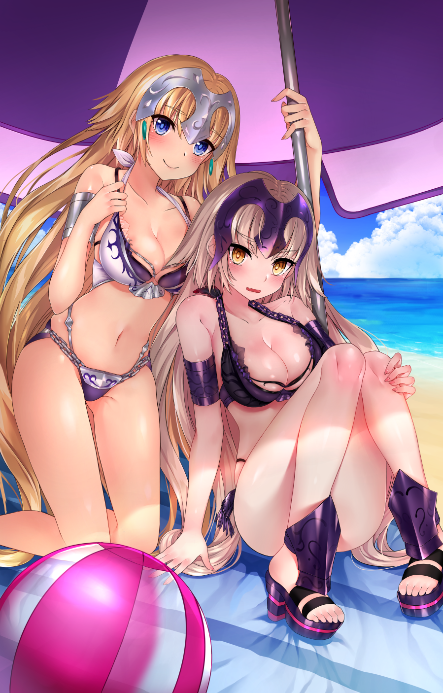 2girls arm_support ball beach beach_umbrella beachball blue_eyes blue_sky breasts chains cleavage clouds fate/grand_order fate_(series) fingernails gluteal_fold groin_tendon headpiece high_heels highres jeanne_alter kneeling komazuki_(komaworks240) long_fingernails long_hair medium_breasts multiple_girls navel ocean ruler_(fate/apocrypha) sandals sky smile thighs umbrella wavy_mouth yellow_eyes