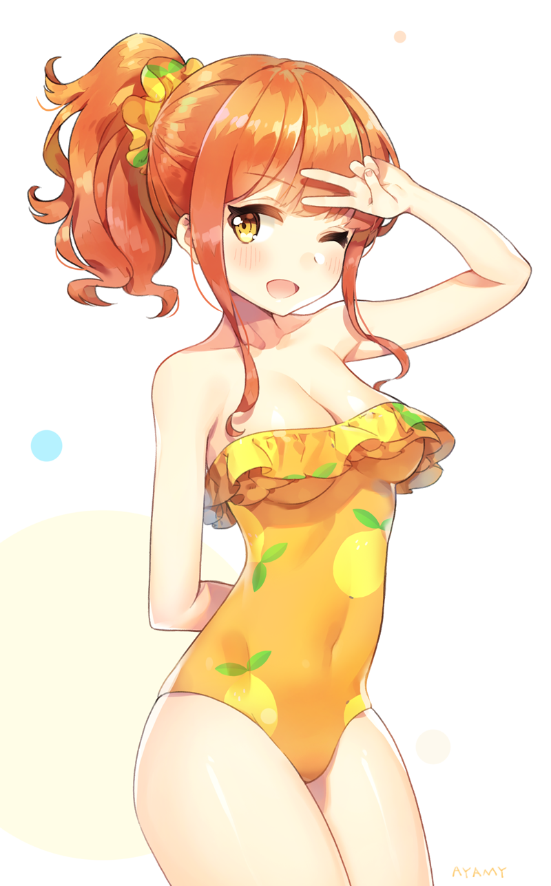 1girl ;d alternate_breast_size arm arm_behind_back arm_up artist_name ayami_(annahibi) bare_arms bare_legs bare_shoulders blush breasts casual_one-piece_swimsuit cleavage collarbone covered_navel cowboy_shot eromanga_sensei eyebrows_visible_through_hair female food food_print fruit fruit_print hair_scrunchie happy highres jinno_megumi legs lemon lime long_hair looking_at_viewer medium_breasts neck one-piece_swimsuit one_eye_closed open_mouth orange_hair ponytail scrunchie sidelocks simple_background smile solo standing strapless strapless_swimsuit swimsuit v white_background wink yellow_eyes yellow_scrunchie yellow_swimsuit