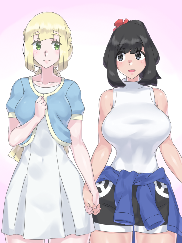 2girls bangs black_eyes black_hair blonde_hair blunt_bangs blush breasts dress evuoaniramu green_eyes hand_holding interlocked_fingers large_breasts lillie_(pokemon) long_hair looking_at_another mizuki_(pokemon_sm) multiple_girls older open_mouth pokemon pokemon_(game) pokemon_sm shirt short_hair short_shorts shorts smile swept_bangs tied_shirt white_dress yuri