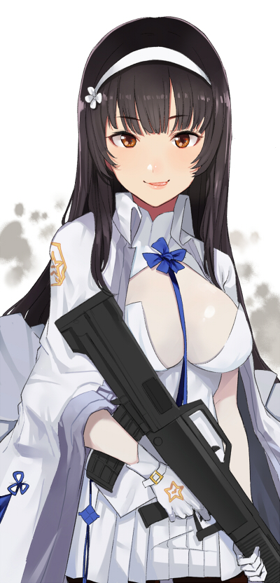 1girl :q assault_rifle bangs black_hair brown_eyes bullpup closed_mouth eyebrows_visible_through_hair finger_on_trigger girls_frontline gloves gun hairband holding holding_gun holding_weapon jacket_on_shoulders licking_lips long_hair looking_at_viewer nesume pleated_skirt qbz-95 qbz-95_(girls_frontline) rifle skirt smile solo tongue tongue_out weapon white_gloves white_skirt