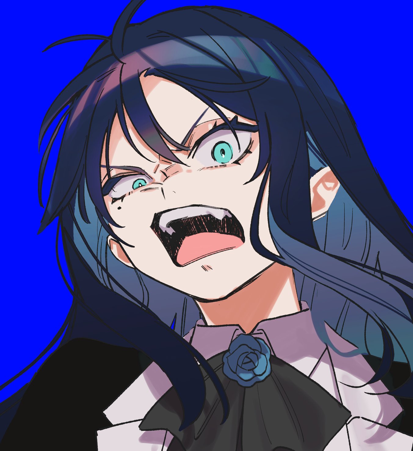 1girl ado_(utaite) angry ascot black_ascot blue_background blue_eyes blue_flower blue_hair blue_rose chando_(ado) cloud_nine_inc collared_shirt commentary floating_hair flower flower_brooch highres long_hair looking_at_viewer mole mole_under_eye open_mouth riseno rose shirt sidelocks simple_background solo teeth upper_body upper_teeth_only utaite white_shirt wide-eyed
