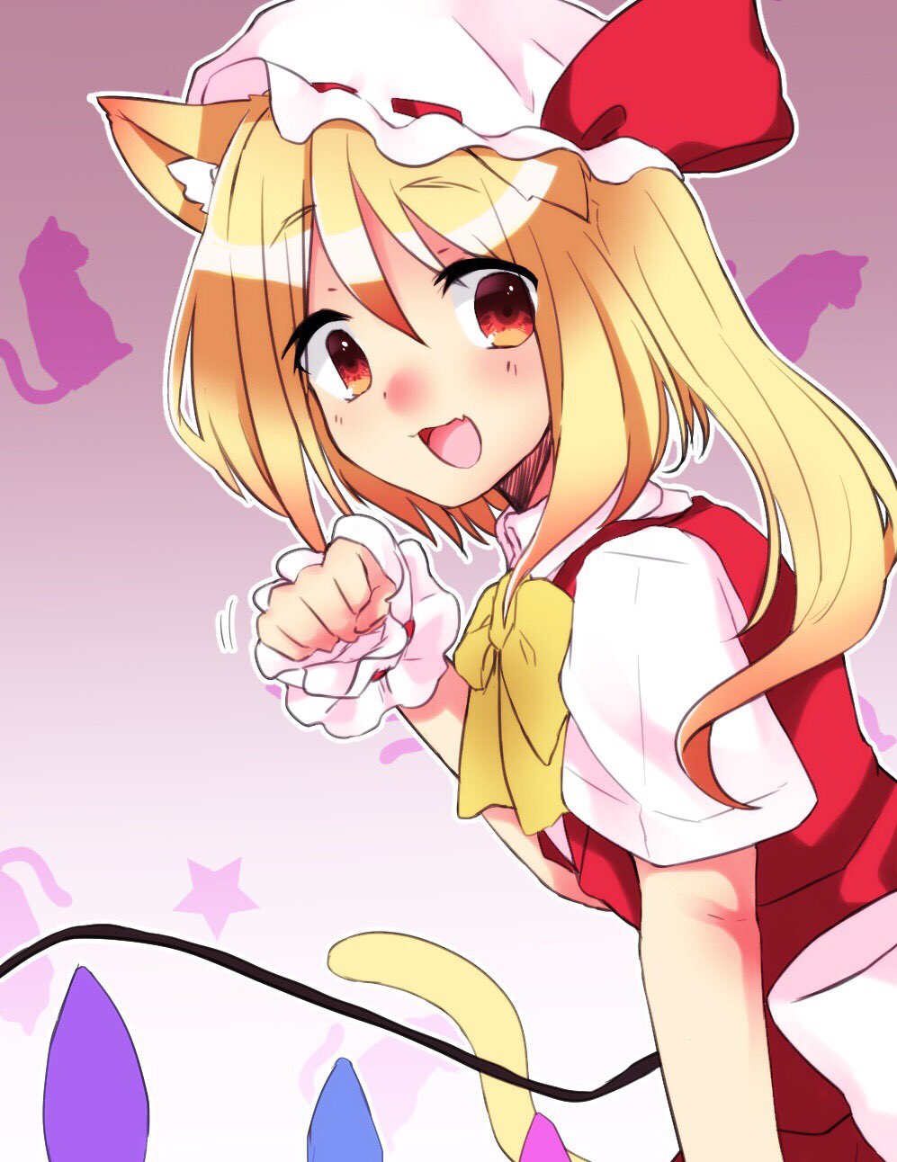 1girl :d abe_suke animal_ears bangs blonde_hair bow bowtie brown_eyes cat_ears cat_tail eyebrows_visible_through_hair flandre_scarlet from_side hair_between_eyes hat hat_bow highres kemonomimi_mode looking_at_viewer mob_cap open_mouth short_sleeves sidelocks smile solo star tail touhou upper_body white_bow white_hat yellow_neckwear