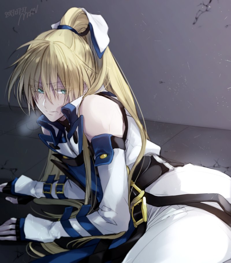 1boy bare_shoulders blonde_hair bruise bruise_on_face green_eyes guilty_gear guilty_gear_2 guilty_gear_x guilty_gear_xrd guilty_gear_xrd_r2 guilty_gear_xx injury ky_kiske maka_(morphine) ponytail solo