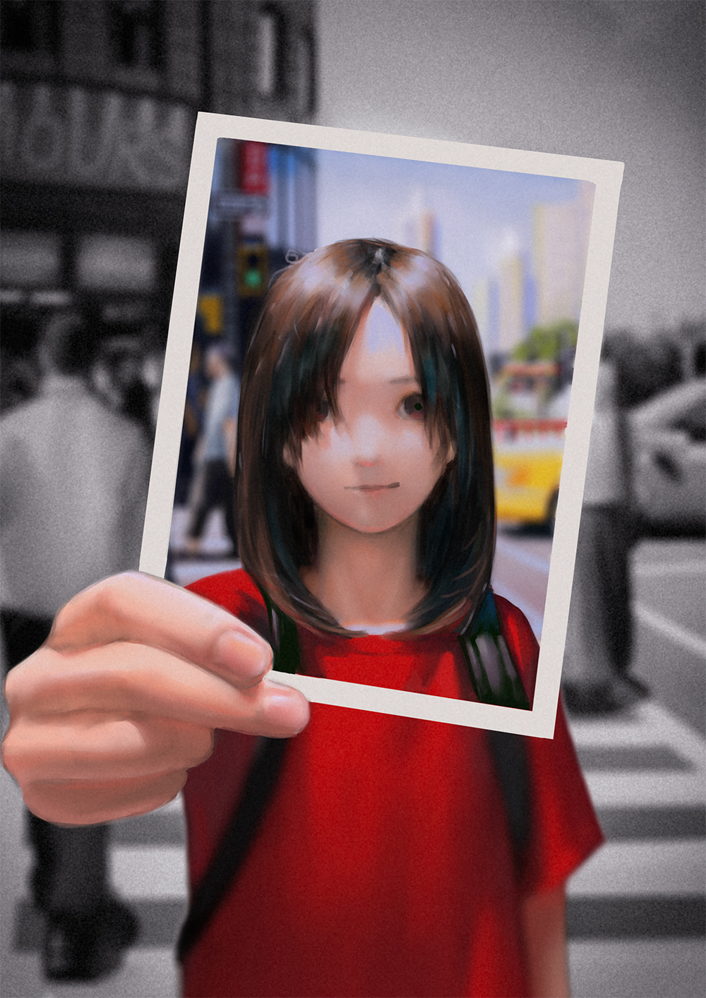 1girl backpack bag brown_eyes brown_hair city covering_face crosswalk film_grain highres holding_photo looking_at_viewer nizuma original partially_colored photo_(object) red_shirt road shirt solo street t-shirt